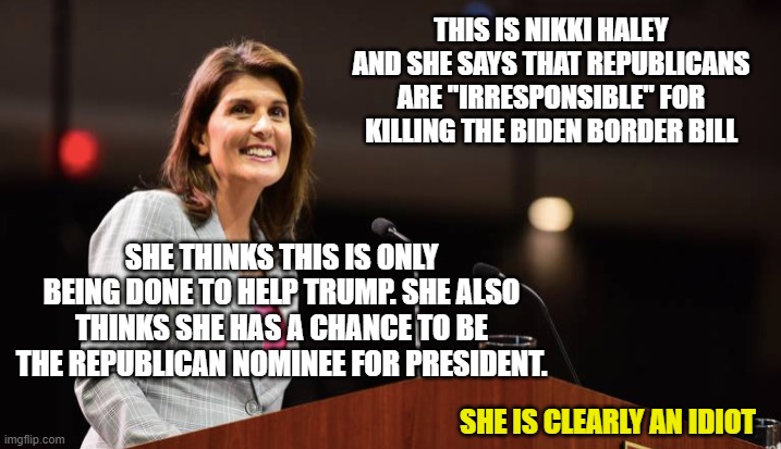The genius that is Nikki Haley | THIS IS NIKKI HALEY AND SHE SAYS THAT REPUBLICANS ARE "IRRESPONSIBLE" FOR KILLING THE BIDEN BORDER BILL; SHE THINKS THIS IS ONLY BEING DONE TO HELP TRUMP. SHE ALSO THINKS SHE HAS A CHANCE TO BE THE REPUBLICAN NOMINEE FOR PRESIDENT. SHE IS CLEARLY AN IDIOT | image tagged in democrats,liberals,woke,rino,joe biden,leftists | made w/ Imgflip meme maker