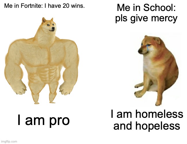 Buff Doge vs. Cheems | Me in Fortnite: I have 20 wins. Me in School: pls give mercy; I am pro; I am homeless and hopeless | image tagged in memes,buff doge vs cheems | made w/ Imgflip meme maker