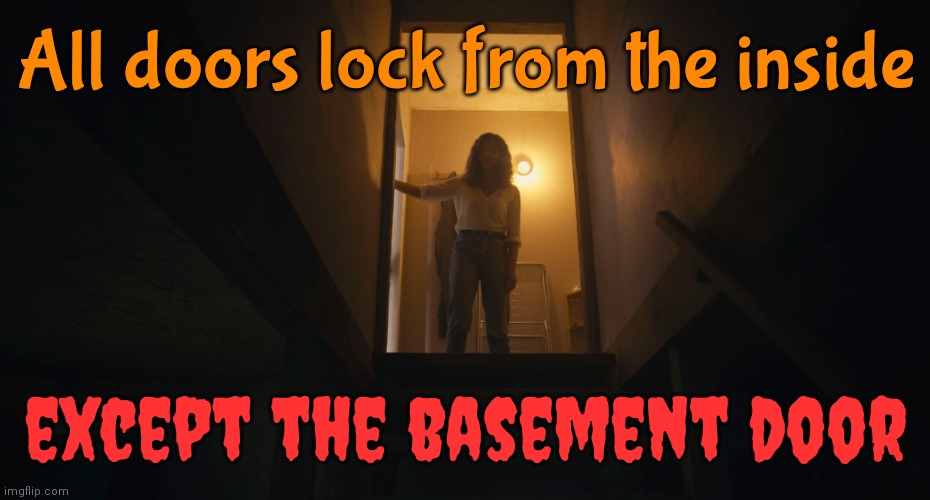But, Why? | All doors lock from the inside; except the basement door | image tagged in creepy,basement dweller,basement door,what's in the basement,memes,scary things | made w/ Imgflip meme maker