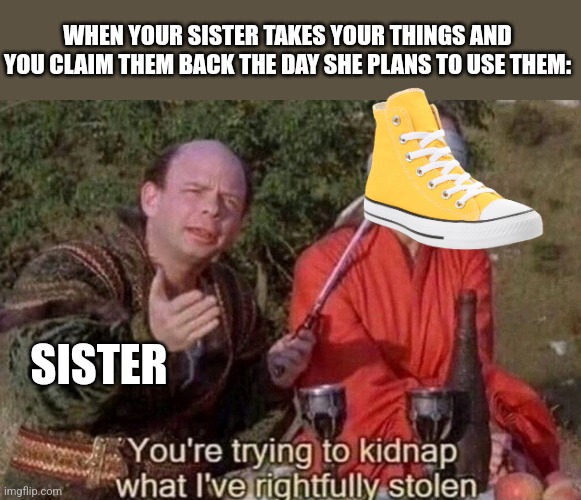 Sister takes your things | WHEN YOUR SISTER TAKES YOUR THINGS AND YOU CLAIM THEM BACK THE DAY SHE PLANS TO USE THEM:; SISTER | image tagged in you're trying to kidnap what i've rightfully stolen | made w/ Imgflip meme maker