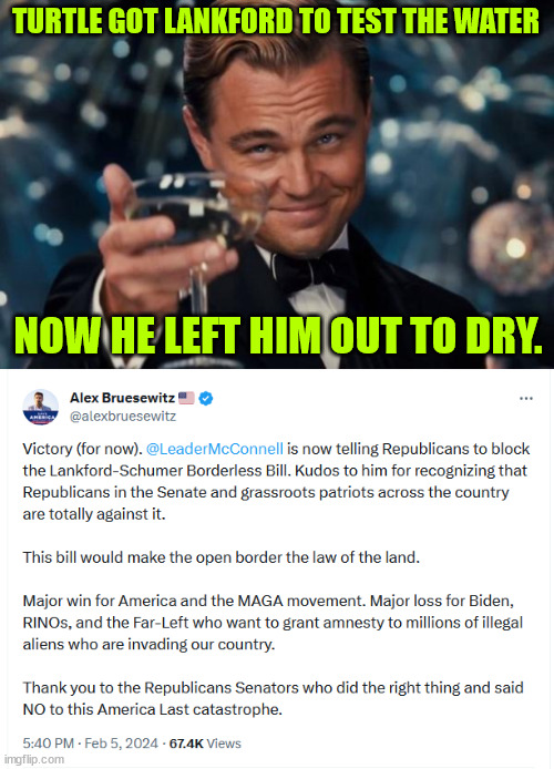 Turtle Lankford bill fails... huge loss for Bribem | TURTLE GOT LANKFORD TO TEST THE WATER; NOW HE LEFT HIM OUT TO DRY. | image tagged in memes,leonardo dicaprio cheers,no sneaky bills when pelosi is gone | made w/ Imgflip meme maker