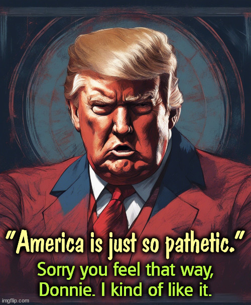 Donnie hates America. Really. | "America is just so pathetic."; Sorry you feel that way, Donnie. I kind of like it. | image tagged in trump,hate,america | made w/ Imgflip meme maker