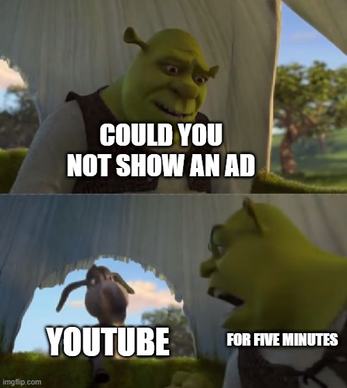 no ads | COULD YOU NOT SHOW AN AD; YOUTUBE; FOR FIVE MINUTES | image tagged in could you not ___ for 5 minutes | made w/ Imgflip meme maker