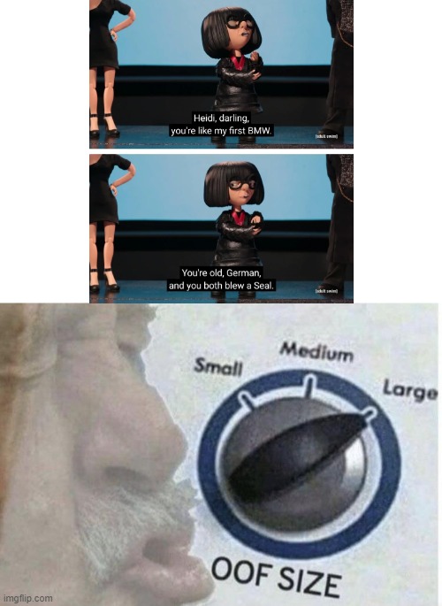 Edna Mode roasting Heidi Klum in a Robot Chicken sketch | image tagged in oof size large,robot chicken,the incredibles,edna mode,heidi klum,bmw | made w/ Imgflip meme maker