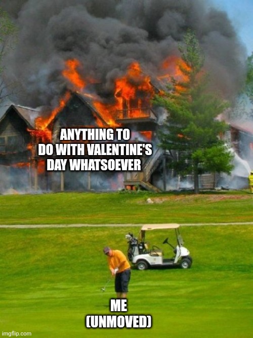 Singleness | ANYTHING TO DO WITH VALENTINE'S DAY WHATSOEVER; ME
(UNMOVED) | image tagged in golfer fire,valentine's day | made w/ Imgflip meme maker