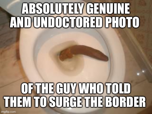 Poopmeme | ABSOLUTELY GENUINE AND UNDOCTORED PHOTO OF THE GUY WHO TOLD THEM TO SURGE THE BORDER | image tagged in poopmeme | made w/ Imgflip meme maker