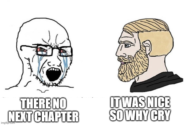 true story | IT WAS NICE SO WHY CRY; THERE NO NEXT CHAPTER | image tagged in soyboy vs yes chad | made w/ Imgflip meme maker