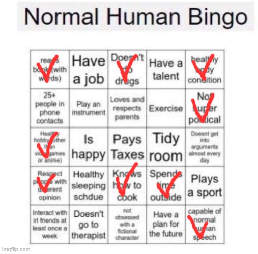 That was worse then I thought | image tagged in normal human bingo | made w/ Imgflip meme maker