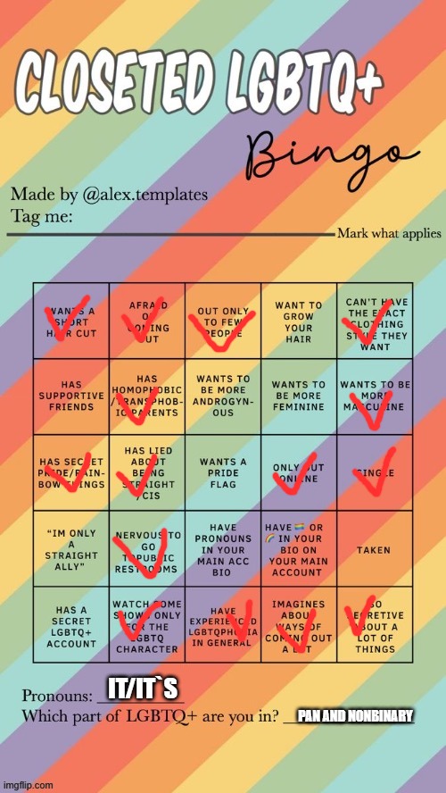 Closeted LGBTQ+ Bingo | IT/IT`S; PAN AND NONBINARY | image tagged in closeted lgbtq bingo | made w/ Imgflip meme maker