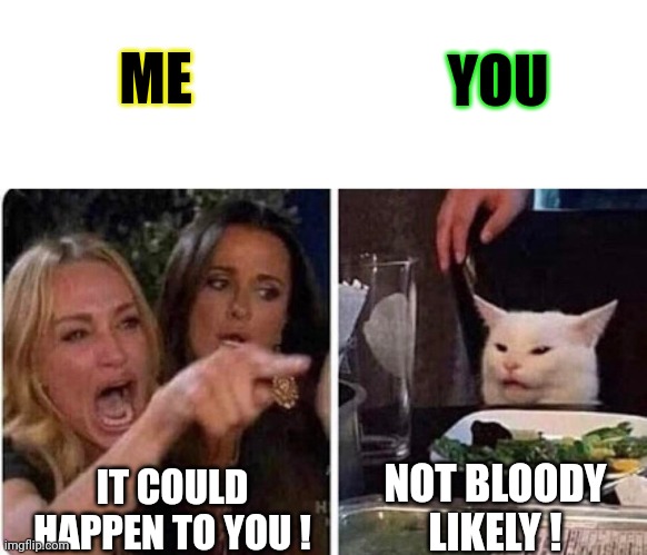 Lady screams at cat | IT COULD HAPPEN TO YOU ! NOT BLOODY LIKELY ! ME YOU | image tagged in lady screams at cat | made w/ Imgflip meme maker