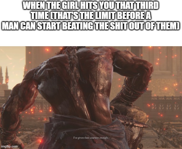 Courtesy Enough | WHEN THE GIRL HITS YOU THAT THIRD TIME (THAT'S THE LIMIT BEFORE A MAN CAN START BEATING THE SHIT OUT OF THEM) | image tagged in courtesy enough | made w/ Imgflip meme maker