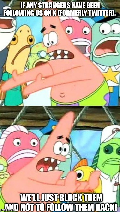 Put It Somewhere Else Patrick | IF ANY STRANGERS HAVE BEEN FOLLOWING US ON X (FORMERLY TWITTER), WE'LL JUST BLOCK THEM AND NOT TO FOLLOW THEM BACK! | image tagged in memes,put it somewhere else patrick | made w/ Imgflip meme maker