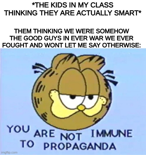 Propaganda | *THE KIDS IN MY CLASS THINKING THEY ARE ACTUALLY SMART*; THEM THINKING WE WERE SOMEHOW THE GOOD GUYS IN EVER WAR WE EVER FOUGHT AND WONT LET ME SAY OTHERWISE: | image tagged in you are not immune to propaganda,political meme,funny,usa | made w/ Imgflip meme maker