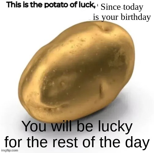 Potato of luck | Since today is your birthday You will be lucky for the rest of the day | image tagged in potato of luck | made w/ Imgflip meme maker