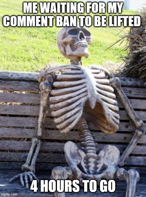 Waiting Skeleton | ME WAITING FOR MY COMMENT BAN TO BE LIFTED; 4 HOURS TO GO | image tagged in memes,waiting skeleton | made w/ Imgflip meme maker