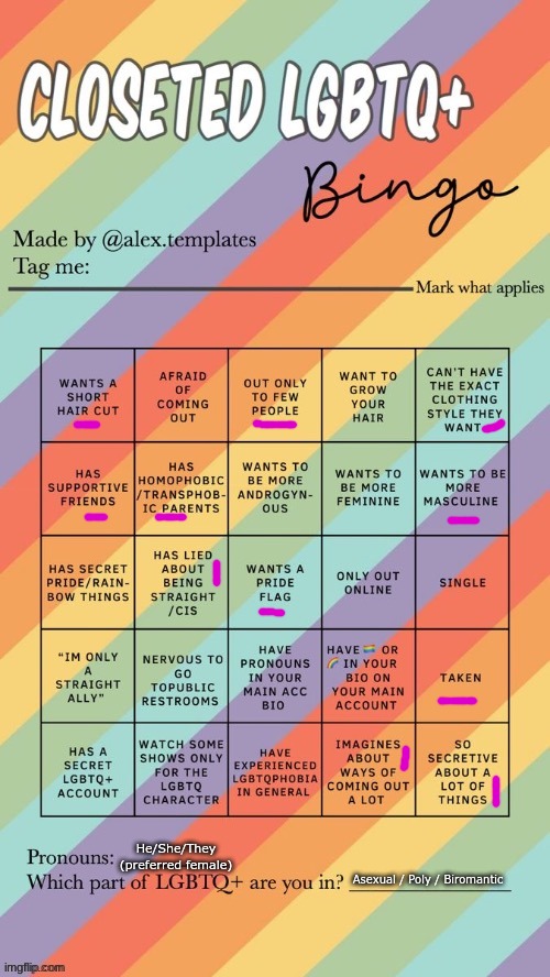 Ello :) | He/She/They (preferred female); Asexual / Poly / Biromantic | image tagged in closeted lgbtq bingo | made w/ Imgflip meme maker