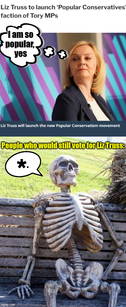Who told Liz Truss that "Popular" would be a good word to ue for her new group? | I am so
popular, 
yes; People who would still vote for Liz Truss:; *; . | image tagged in memes,waiting skeleton,liz truss,conservatives,votes | made w/ Imgflip meme maker