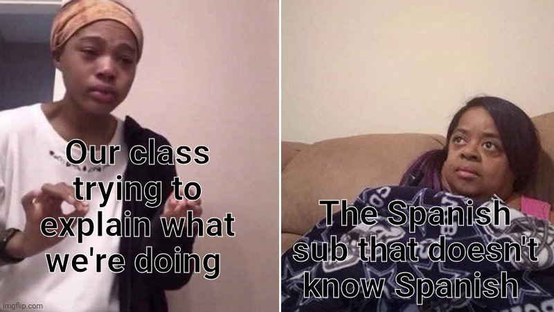 Me explaining to my mom | Our class trying to explain what we're doing; The Spanish sub that doesn't know Spanish | image tagged in me explaining to my mom | made w/ Imgflip meme maker
