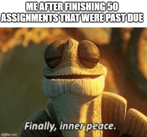 but that peace won't last long... | ME AFTER FINISHING 50 ASSIGNMENTS THAT WERE PAST DUE | image tagged in finally inner peace,master oogway,kung fu panda,school,relatable | made w/ Imgflip meme maker