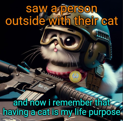 i understood that purpose a few days after my cat died | saw a person outside with their cat; and now i remember that having a cat is my life purpose | image tagged in ai generated silly critter but better | made w/ Imgflip meme maker
