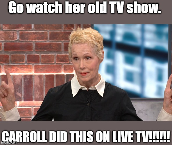 Go watch her TV show | Go watch her old TV show. CARROLL DID THIS ON LIVE TV!!!!!! | image tagged in jean e carroll,nwo,liar | made w/ Imgflip meme maker