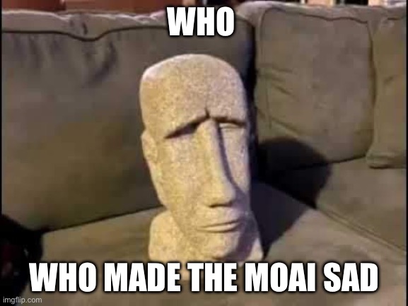 sad moyai | WHO; WHO MADE THE MOAI SAD | image tagged in sad moyai | made w/ Imgflip meme maker