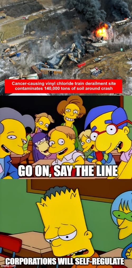 politics | GO ON, SAY THE LINE; CORPORATIONS WILL SELF-REGULATE | made w/ Imgflip meme maker
