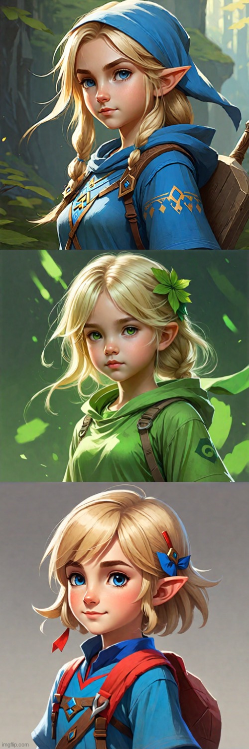 My dumbass got bored so I decided to AI generate some of my zelda ocs (first one is Stacy, second one is an old one, and the 3rd | made w/ Imgflip meme maker