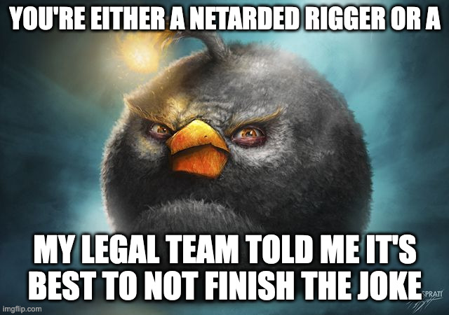 angry birds bomb | YOU'RE EITHER A NETARDED RIGGER OR A; MY LEGAL TEAM TOLD ME IT'S BEST TO NOT FINISH THE JOKE | image tagged in angry birds bomb | made w/ Imgflip meme maker