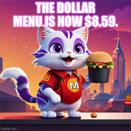 McDonald's part2 | THE DOLLAR MENU IS NOW $8.59. | image tagged in mcdonald's,part2,blaze the cat,working at mcdonalds | made w/ Imgflip meme maker