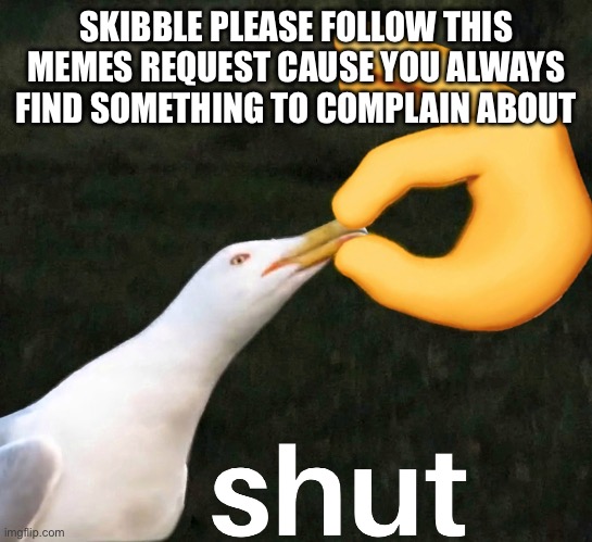 bird SHUT | SKIBBLE PLEASE FOLLOW THIS MEMES REQUEST CAUSE YOU ALWAYS FIND SOMETHING TO COMPLAIN ABOUT | image tagged in bird shut | made w/ Imgflip meme maker