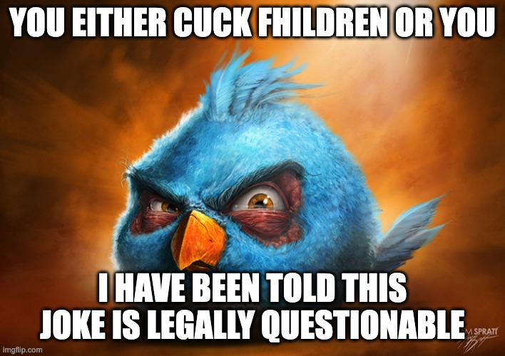 angry birds blue | YOU EITHER CUCK FHILDREN OR YOU; I HAVE BEEN TOLD THIS JOKE IS LEGALLY QUESTIONABLE | image tagged in angry birds blue | made w/ Imgflip meme maker