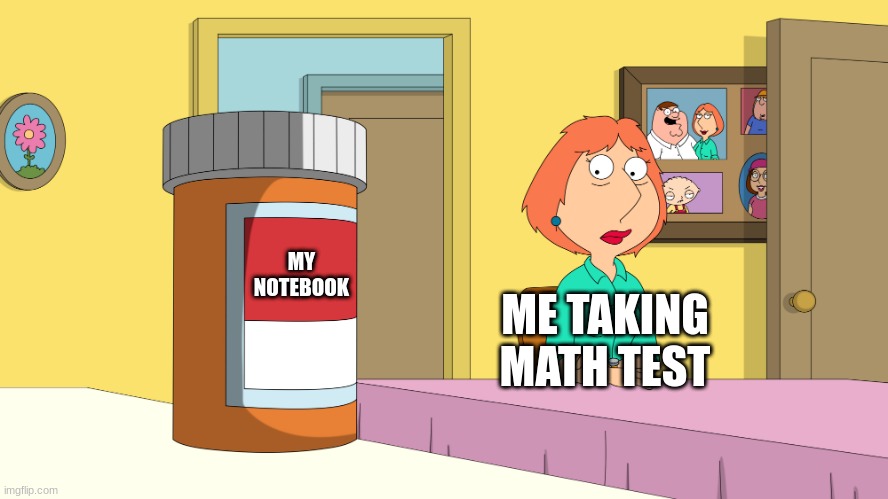 lois drugs | MY NOTEBOOK; ME TAKING MATH TEST | image tagged in lois drugs | made w/ Imgflip meme maker