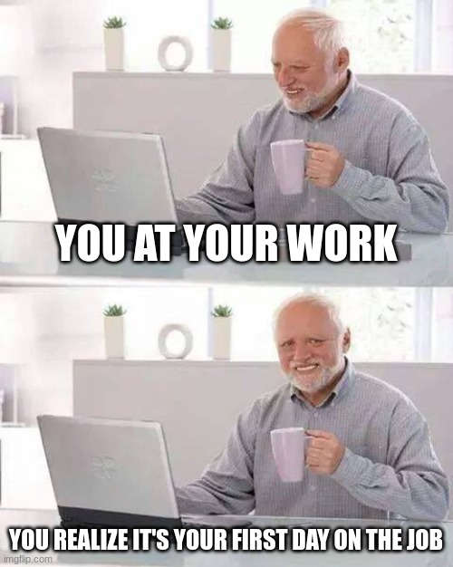 first day | YOU AT YOUR WORK; YOU REALIZE IT'S YOUR FIRST DAY ON THE JOB | image tagged in memes | made w/ Imgflip meme maker