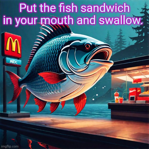 Failed McDonald's ads | Put the fish sandwich in your mouth and swallow. | image tagged in fish,sandwich,nom nom nom,put it in your mouth | made w/ Imgflip meme maker