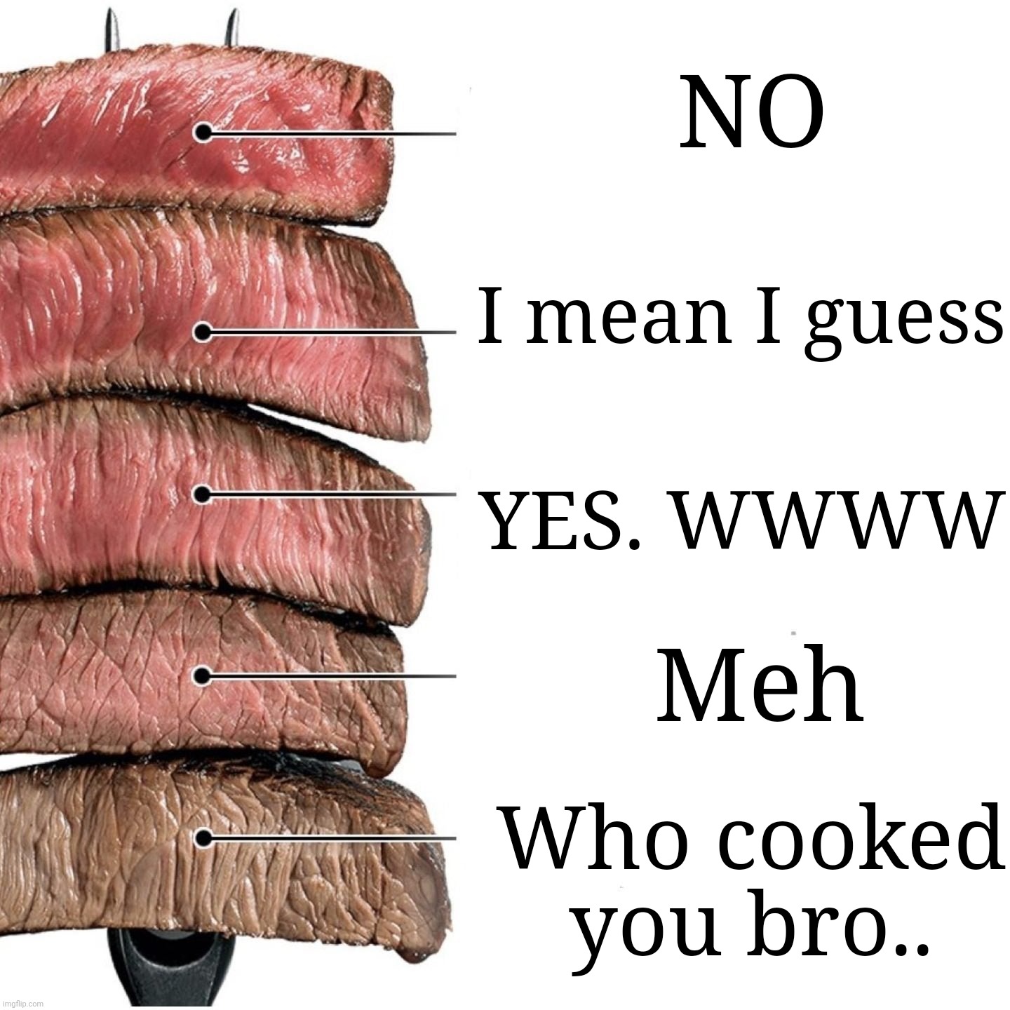 Me when I still ate meat asf: | NO; I mean I guess; YES. WWWW; Meh; Who cooked you bro.. | image tagged in steak | made w/ Imgflip meme maker