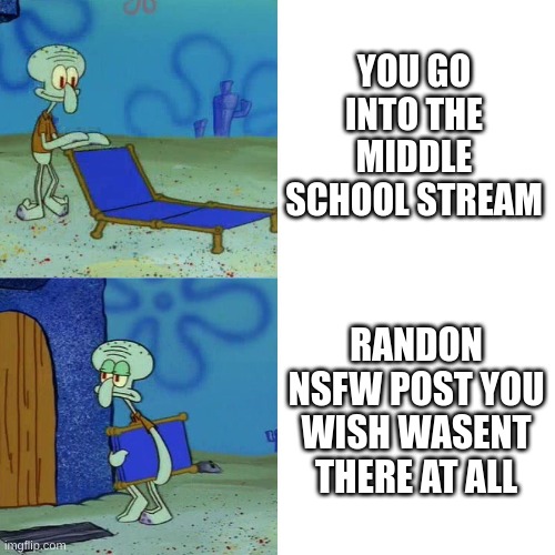Squidward chair | YOU GO INTO THE MIDDLE SCHOOL STREAM; RANDON NSFW POST YOU WISH WASENT THERE AT ALL | image tagged in squidward chair | made w/ Imgflip meme maker