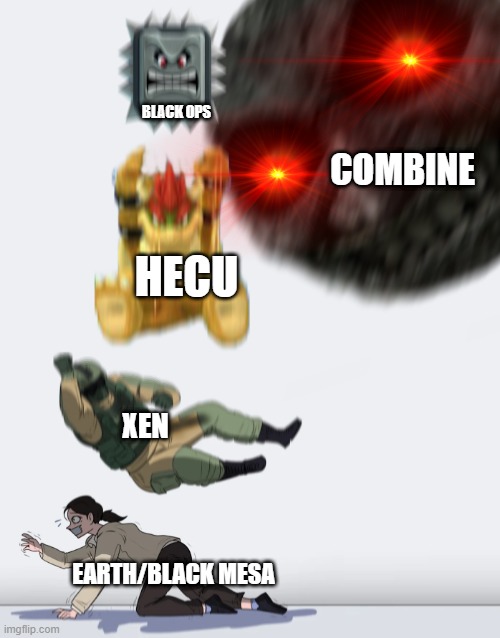 crushing combo (half life edition) | BLACK OPS; COMBINE; HECU; XEN; EARTH/BLACK MESA | image tagged in crushing combo,half life | made w/ Imgflip meme maker