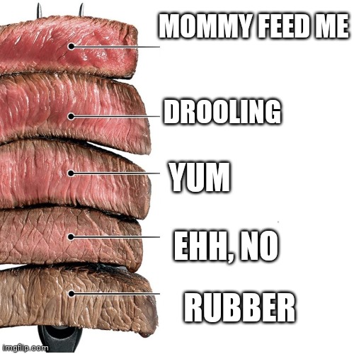 Steak | MOMMY FEED ME; DROOLING; YUM; EHH, NO; RUBBER | image tagged in steak | made w/ Imgflip meme maker