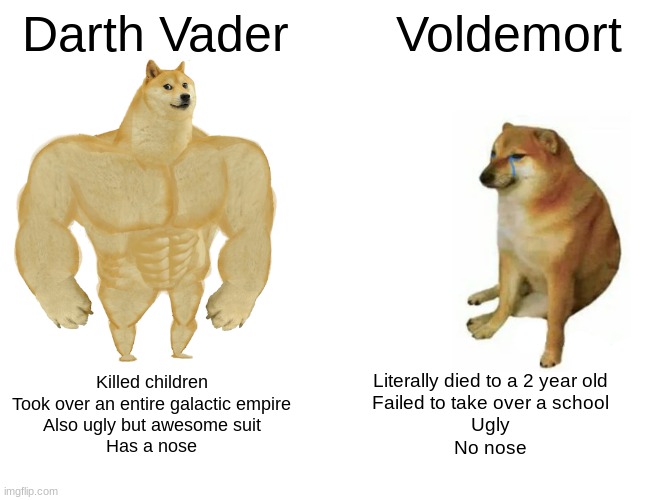 Yes, Darth Vader has a nose. | Darth Vader; Voldemort; Literally died to a 2 year old
Failed to take over a school
Ugly
No nose; Killed children
Took over an entire galactic empire
Also ugly but awesome suit
Has a nose | image tagged in memes,buff doge vs cheems | made w/ Imgflip meme maker