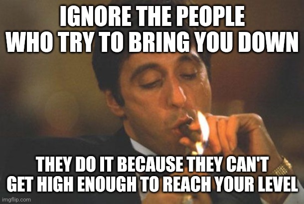 they do it because they ain't better than you | IGNORE THE PEOPLE WHO TRY TO BRING YOU DOWN; THEY DO IT BECAUSE THEY CAN'T GET HIGH ENOUGH TO REACH YOUR LEVEL | image tagged in scarface serious | made w/ Imgflip meme maker