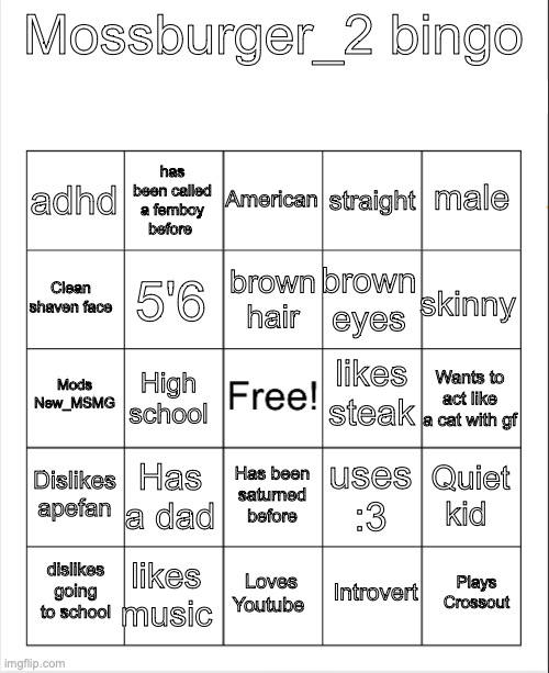 Blank Bingo | Mossburger_2 bingo; American; has been called a femboy before; male; adhd; straight; brown hair; Clean shaven face; skinny; brown eyes; 5'6; likes steak; Mods New_MSMG; Wants to act like a cat with gf; High school; Dislikes apefan; Has a dad; Quiet kid; uses :3; Has been saturned before; likes music; Plays Crossout; dislikes going to school; Loves Youtube; Introvert | image tagged in blank bingo | made w/ Imgflip meme maker