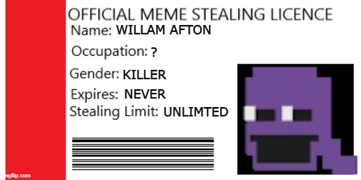my fnaf stealing | WILLAM AFTON; ? KILLER; NEVER; UNLIMTED | image tagged in 2021 meme stealing licence edited | made w/ Imgflip meme maker