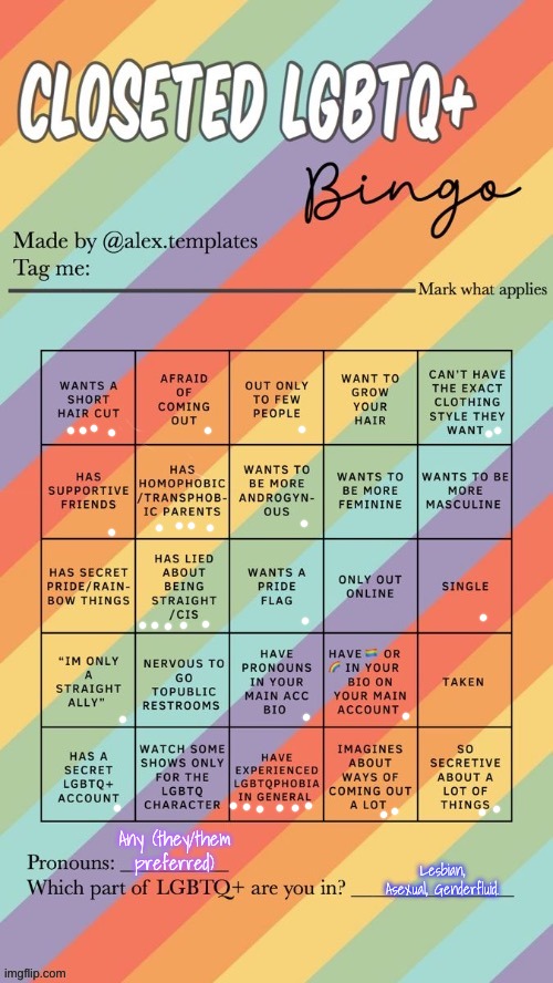 gay | Any (they/them preferred); Lesbian, Asexual, Genderfluid. | made w/ Imgflip meme maker