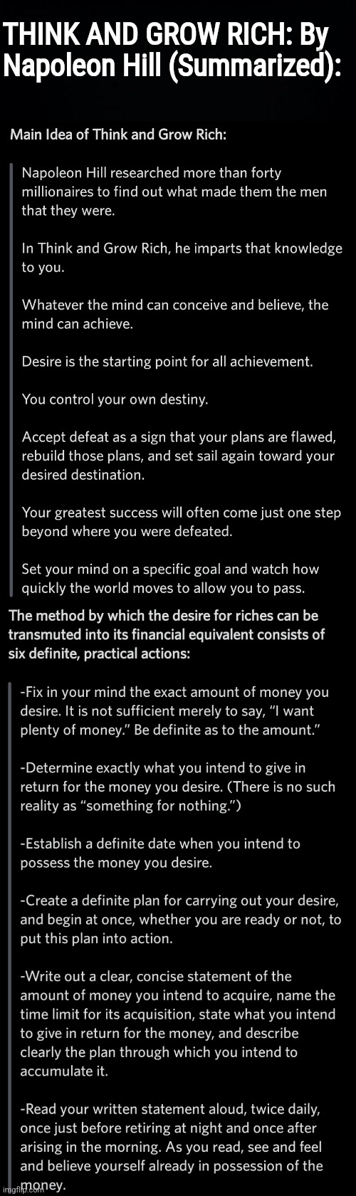 THINK AND GROW RICH: By Napoleon Hill (Summarized): | THINK AND GROW RICH: By Napoleon Hill (Summarized): | image tagged in simothefinlandized,personal finance,success,infographics,tutorial | made w/ Imgflip meme maker