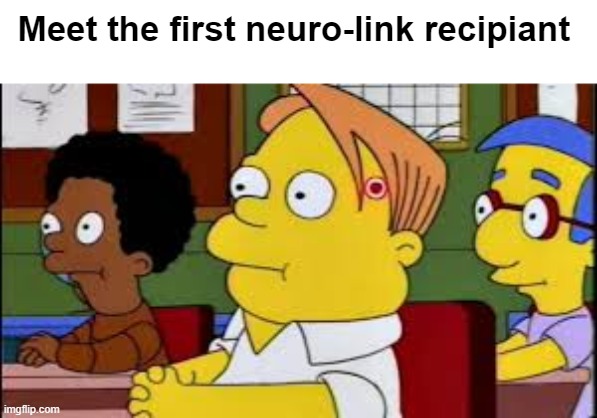 Neuro-link be like | Meet the first neuro-link recipiant | image tagged in elon musk,funny,the simpsons,simpsons,brain | made w/ Imgflip meme maker