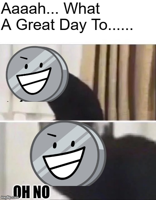 Haha | Aaaah... What A Great Day To...... OH NO | image tagged in oh no black cat,nickel inanimate insanity,o no | made w/ Imgflip meme maker