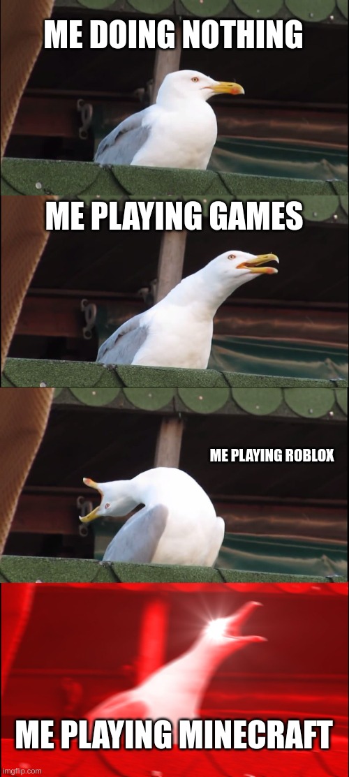 Inhaling Seagull | ME DOING NOTHING; ME PLAYING GAMES; ME PLAYING ROBLOX; ME PLAYING MINECRAFT | image tagged in memes,inhaling seagull | made w/ Imgflip meme maker