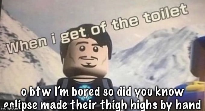 tomfoolery | o btw I’m bored so did you know eclipse made their thigh highs by hand | image tagged in when i get of the toilet | made w/ Imgflip meme maker