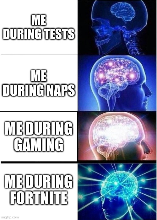 Expanding Brain | ME DURING TESTS; ME DURING NAPS; ME DURING GAMING; ME DURING FORTNITE | image tagged in memes,expanding brain | made w/ Imgflip meme maker